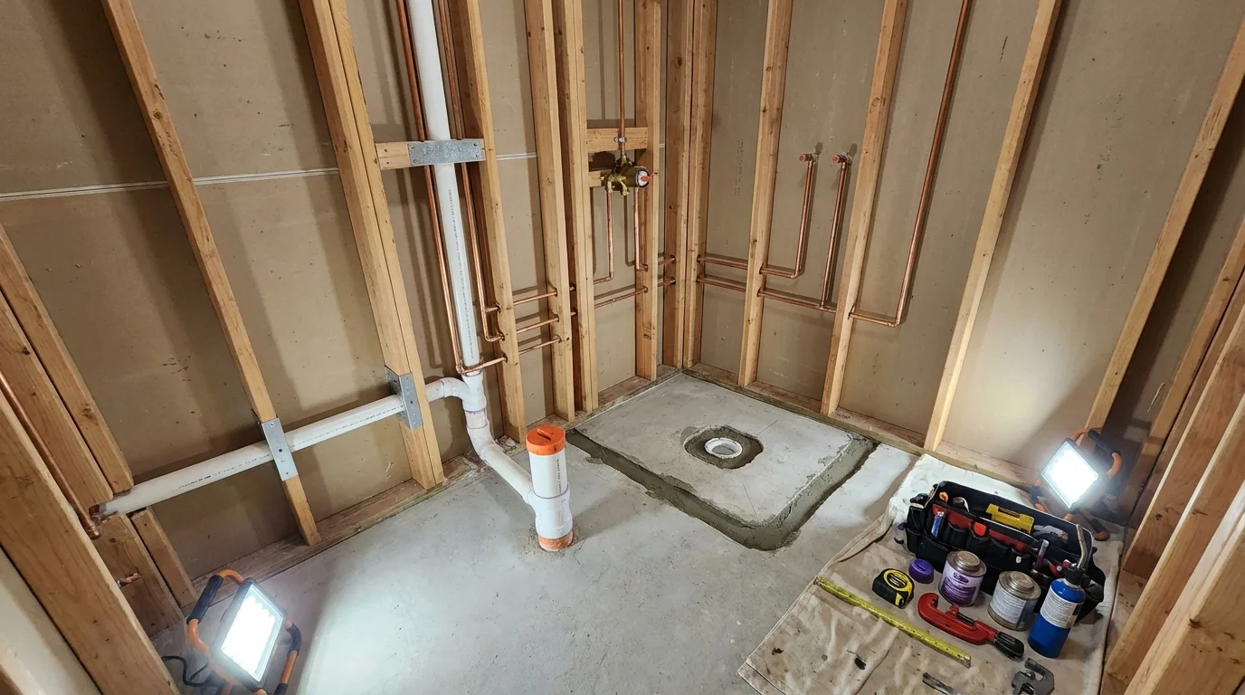 Bathroom rough-in plumbing during remodel by Johns Plumbing LLC in Adelanto