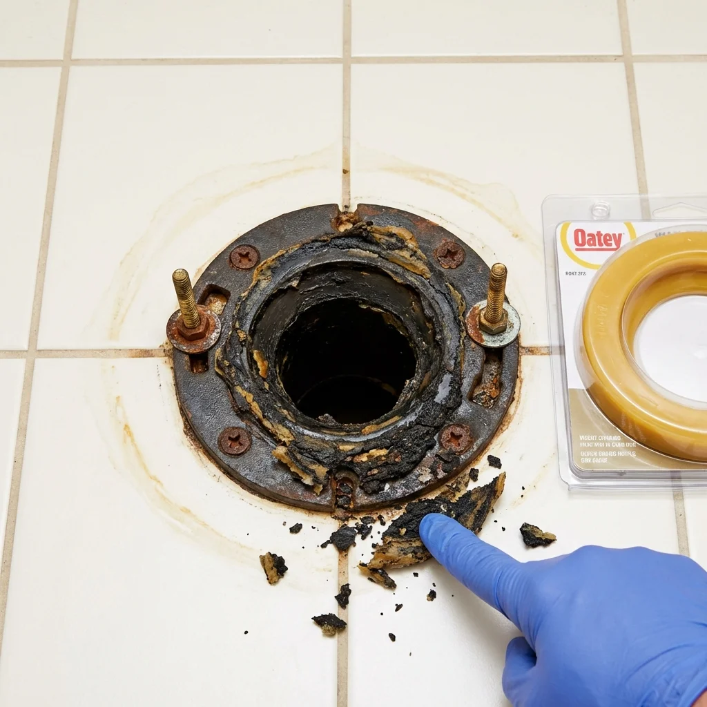 Failed wax ring showing water seepage at the base of a toilet in a Adelanto, CA home
