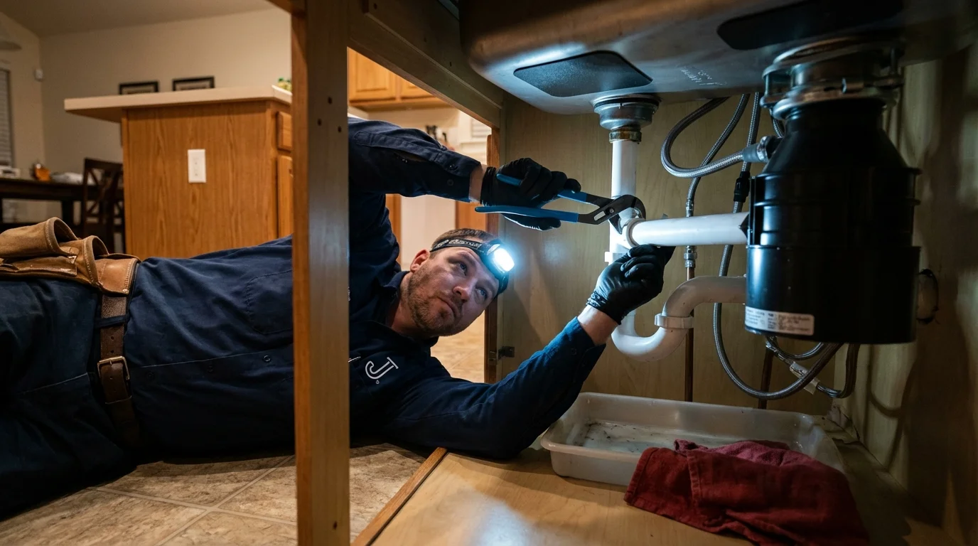P-trap and supply line connections under a kitchen sink showing a common leak point in Adelanto, CA